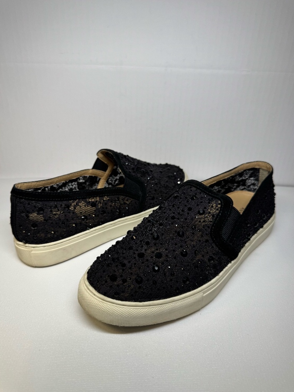 Antonio Melani Black Lace Mesh Crystal Embellished Slip On Sneakers 7M